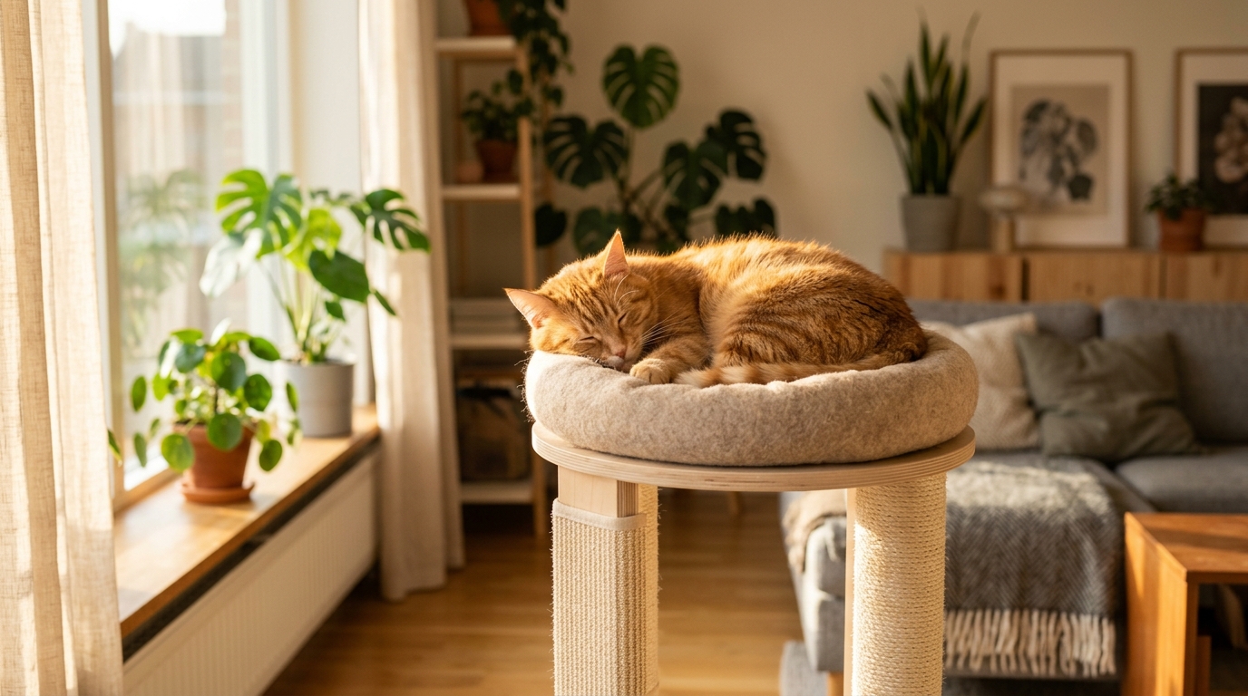 Zufriedene Katze auf einem Kratzbaum in gemütlichem Wohnzimmer