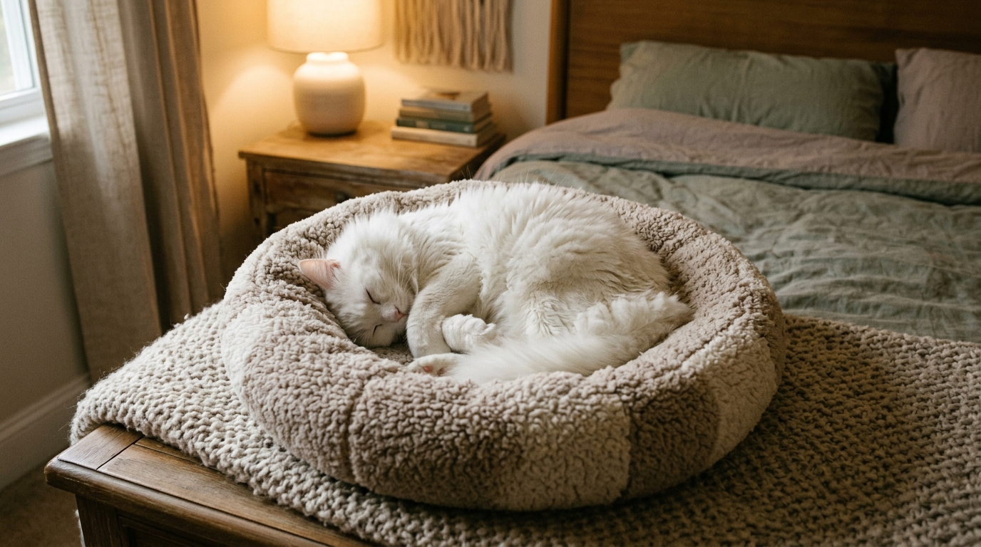 Weiße Katze schläft friedlich im Donut-Bett
